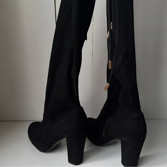 Bamboo Women Black Over Knee Heeled Boots block Heels With Straps Size 9 Zipper - Picture 3 of 10